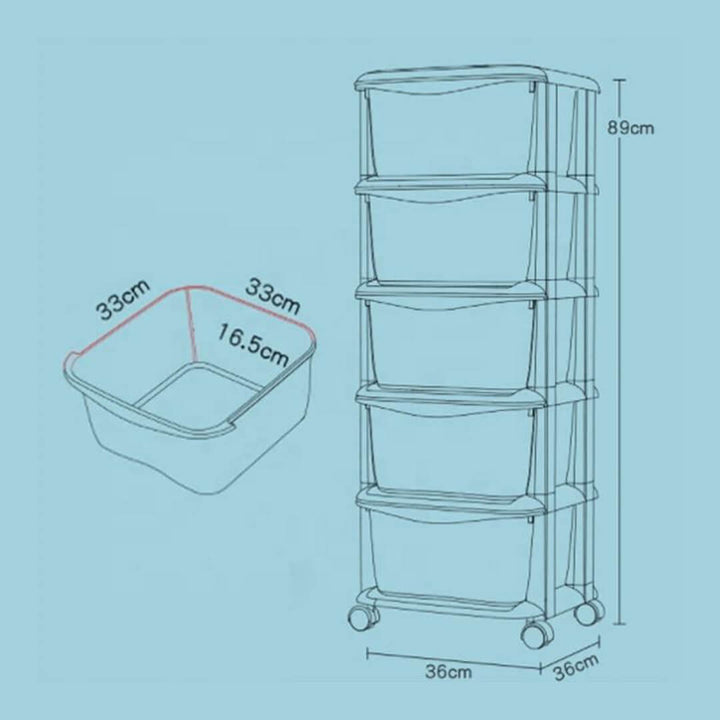 Multicolored 5-layer plastic drawer cabinet with wheels, dimensions