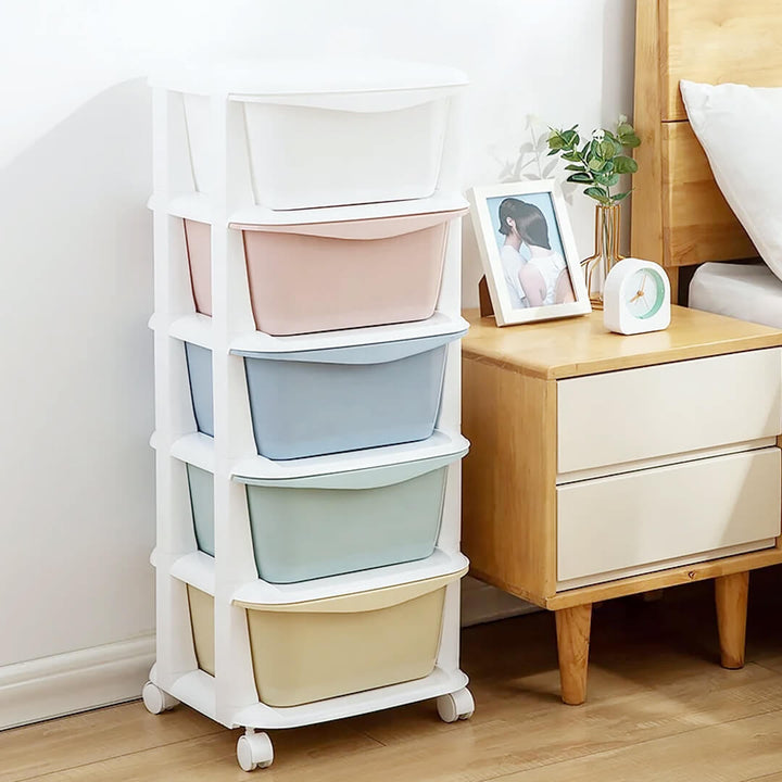 Multicolored 5-layer plastic drawer cabinet with wheels for room organization.