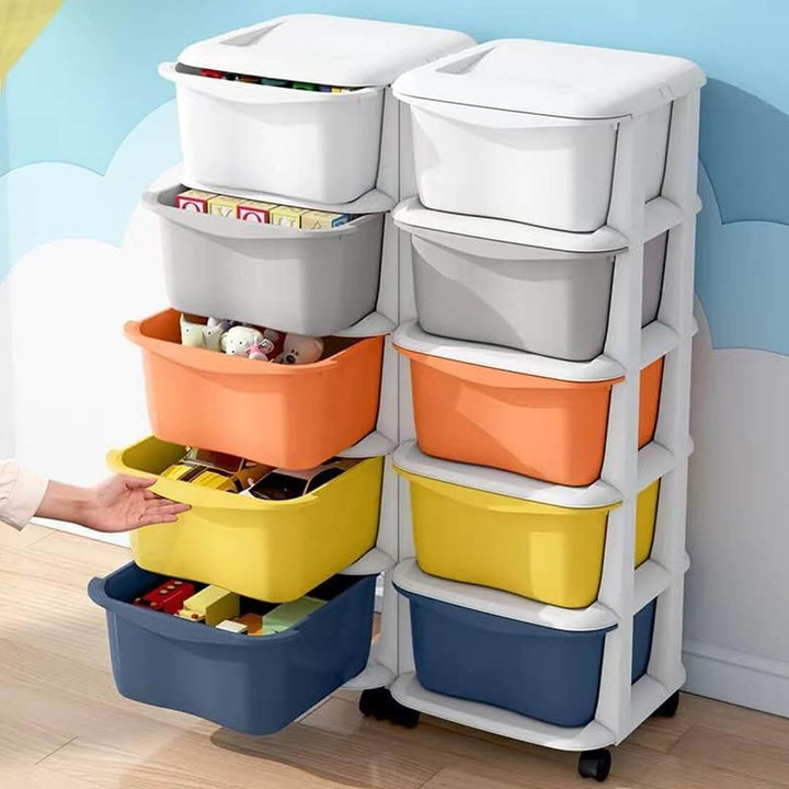 Multicolored 5-layer plastic drawer cabinet with wheels, dark colors