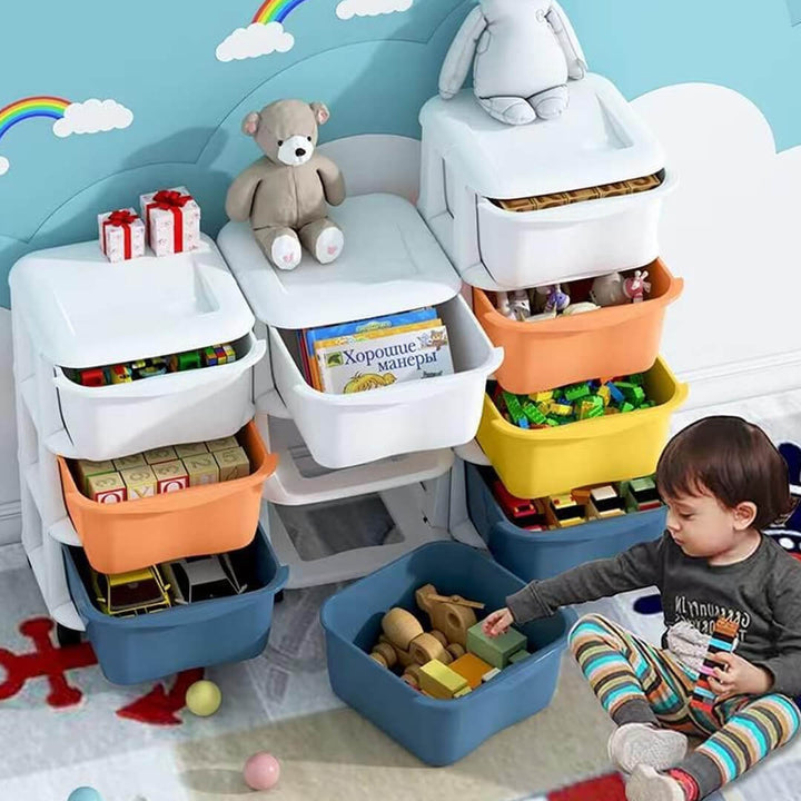 Multicolored 5-layer plastic drawer cabinet with wheels for toys and books organization.