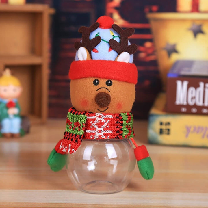 Holiday candy jar gift with plush reindeer wearing a scarf