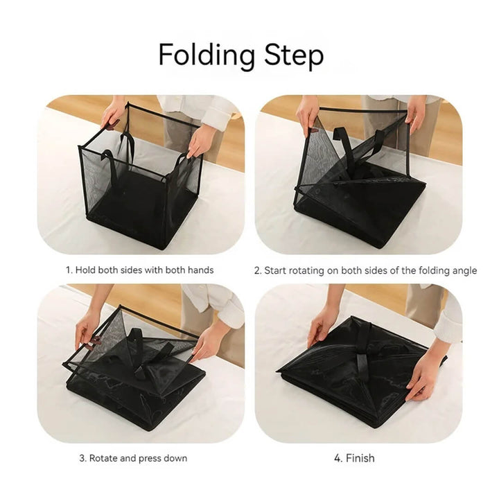 Cube pop-up mesh laundry basket, folding steps