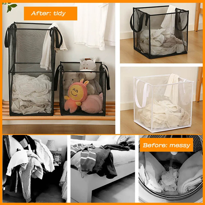 Foldable mesh basket for laundry and toys