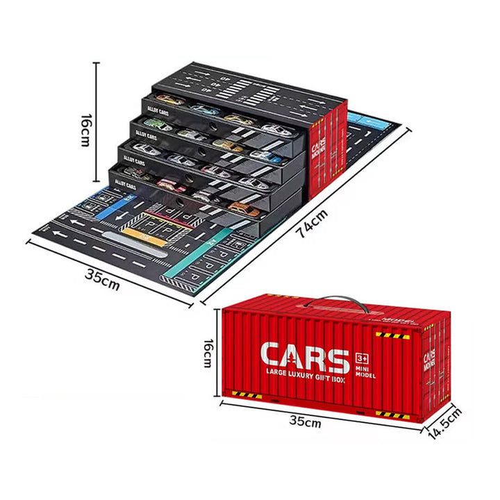 Friction-powered car set with mini vehicles and play garage, dimensions