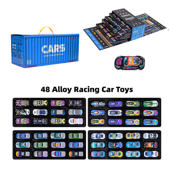 Mini car playset with blue container and 48 colorful cars