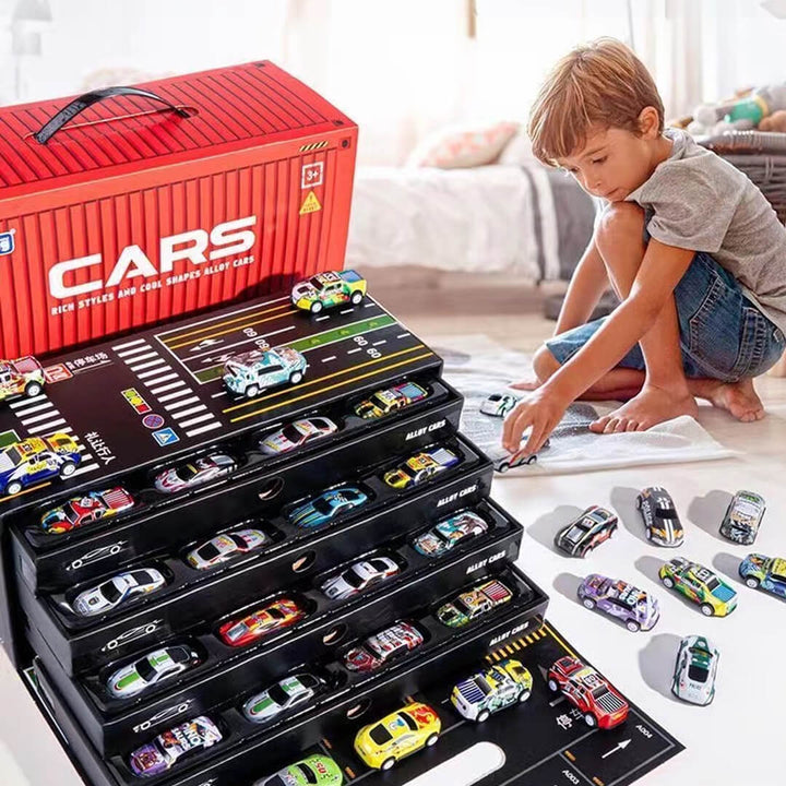 Kids car toy set with built-in play garage and storage