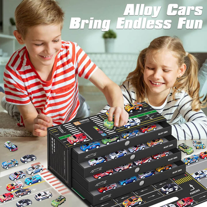 Two children playing with the 48 mini cars playset in a garage theme box