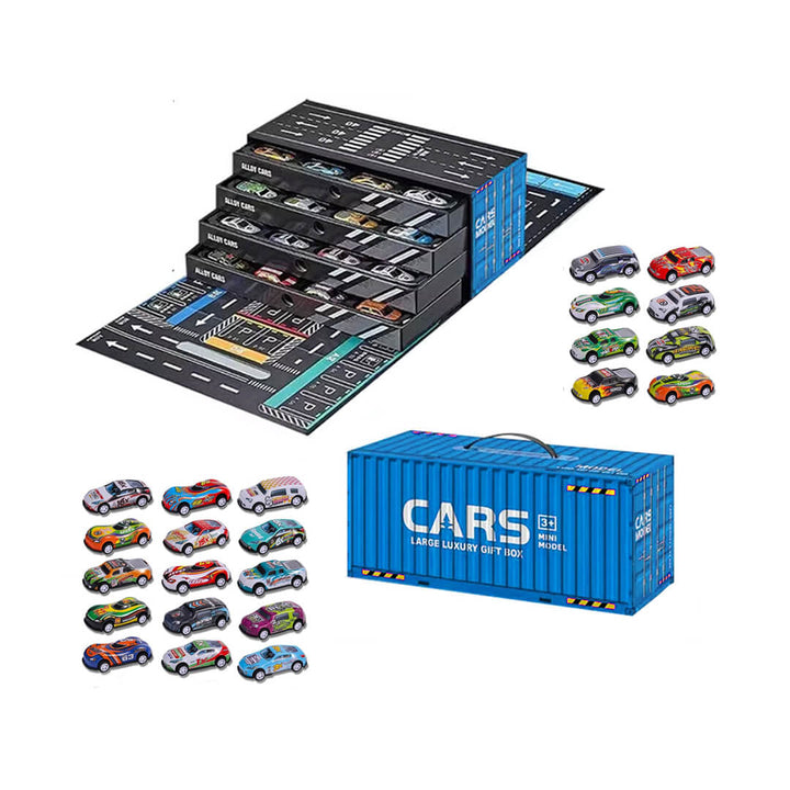 48 pull back toy cars for kids with storage box and track, blue color