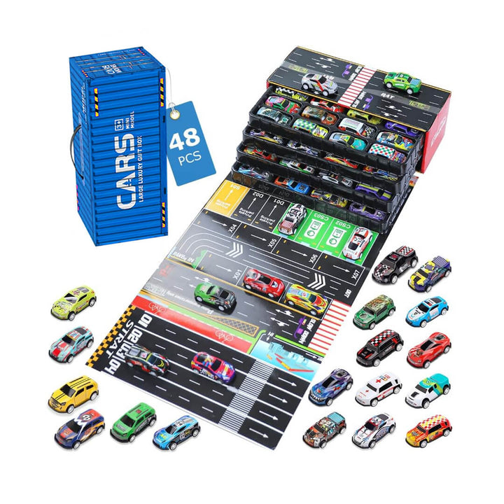 48-piece mini cars for kids with storage box and road track