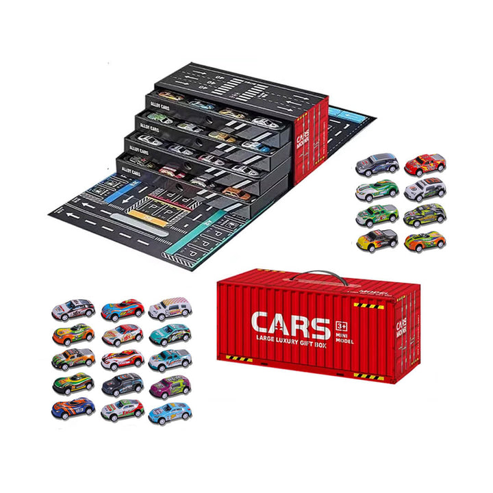 48-piece mini cars for kids with storage box and road track, red color