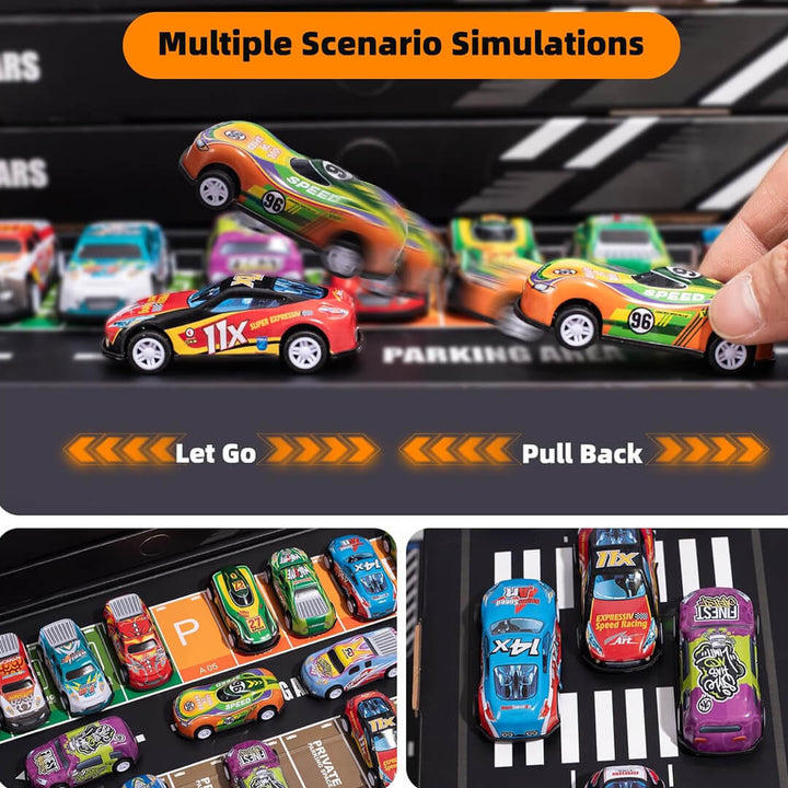 Pull back 48 cars for kids with track and carry box