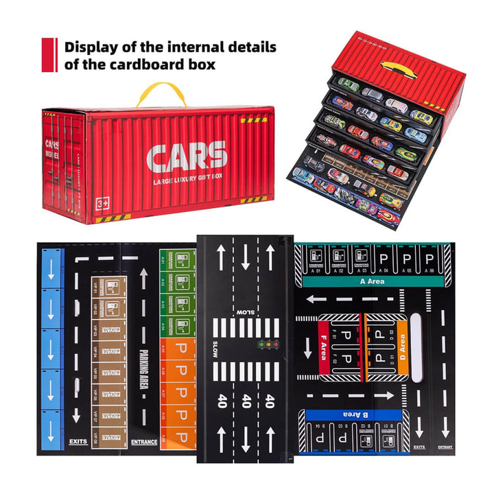 Portable 48-car set with mini vehicles in a  play garage storage box