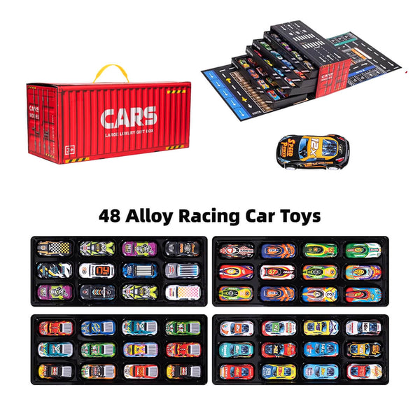 48 pull-back toy cars for kids with storage box and track, red color