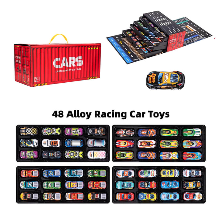 48 pull-back toy cars for kids with storage box and track, red color