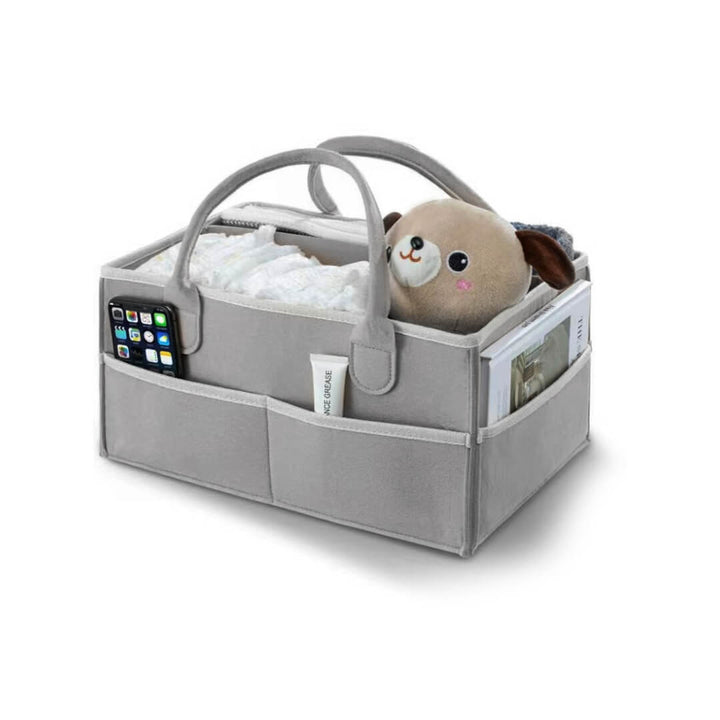Grey felt diaper caddy with six exterior pockets 