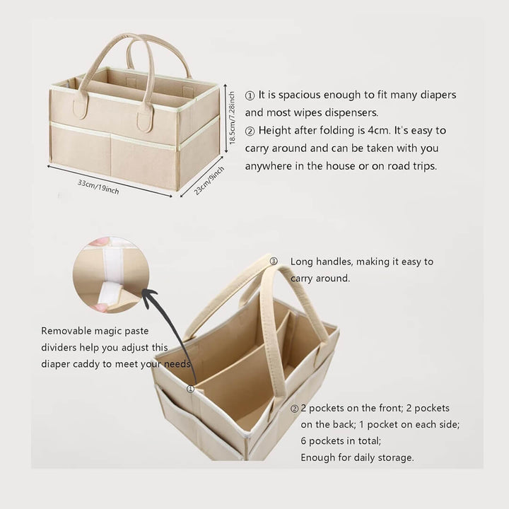 Portable storage basket for baby wipes, diapers, and toys, dimensions