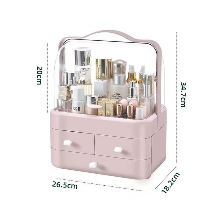 Pink cosmetic storage box with compartments and drawers, dimensions