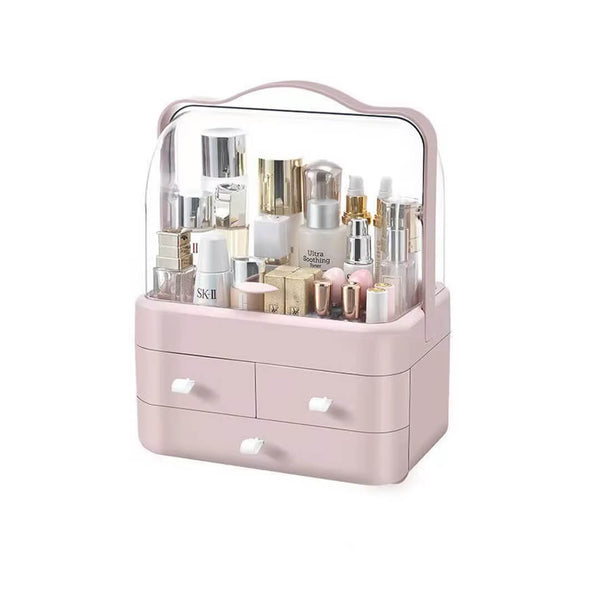 Pink  3-layer makeup organizer with clear lid and drawers