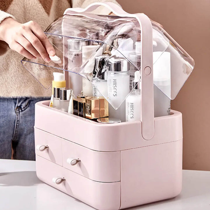vanity organizer in pink, ideal for cosmetics and jewelry