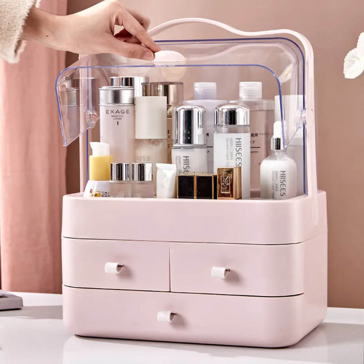 Portable pink makeup storage unit with see-through lid