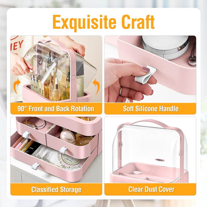 Pink makeup  and jewelry holder with clear top and multiple drawers