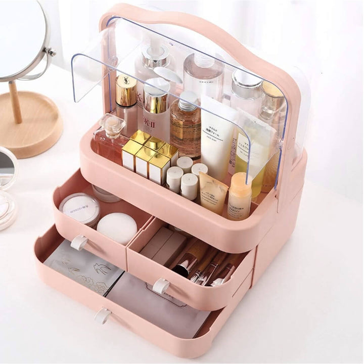 Makeup storage box with handle in pink, dustproof and waterproof 