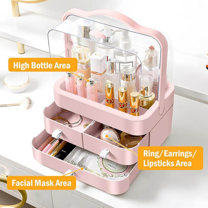 Stylish pink beauty organizer with waterproof lid and carry handle