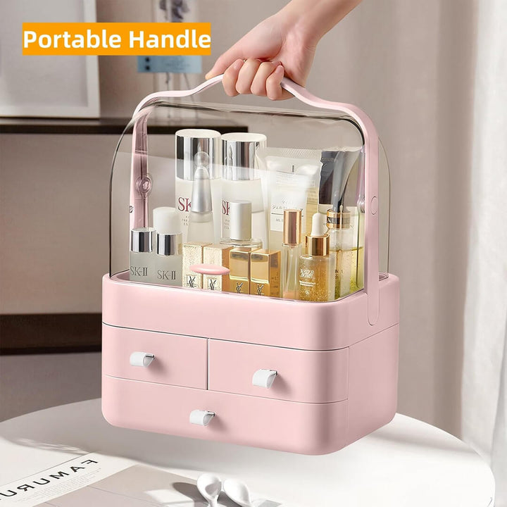 Portable pink makeup, perfumeand jewelry holder with clear top and multiple drawers