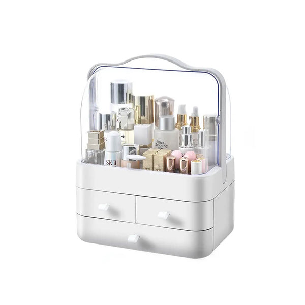 Portable white makeup organizer box with clear lid and drawers