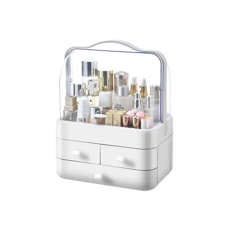 Portable white makeup organizer box with clear lid and drawers