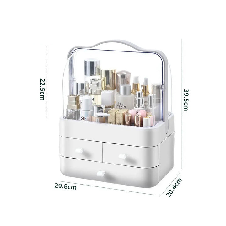 Skincare and makeup white organizer with handle and compartments, dimensions