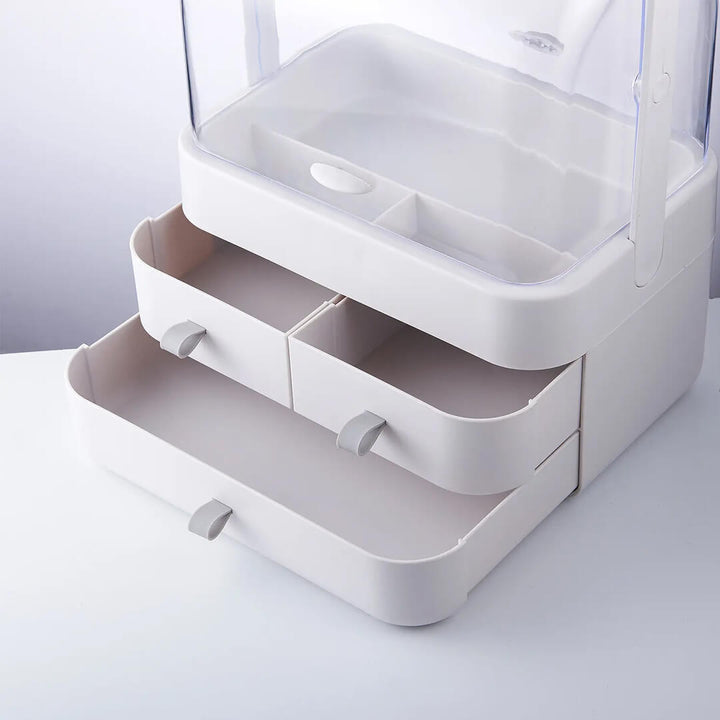 Clear makeup organizer with drawers for countertop storage