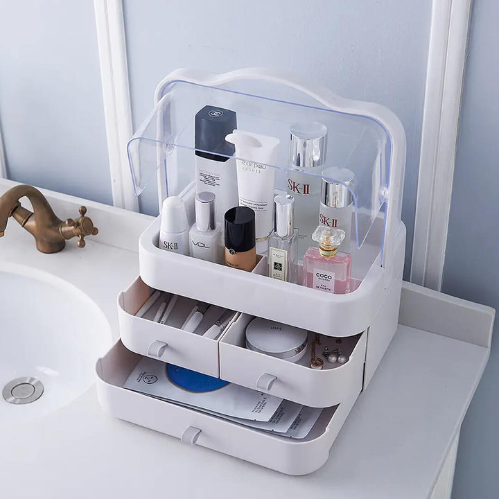 Dustproof and waterproof cosmetics storage container for vanity, white