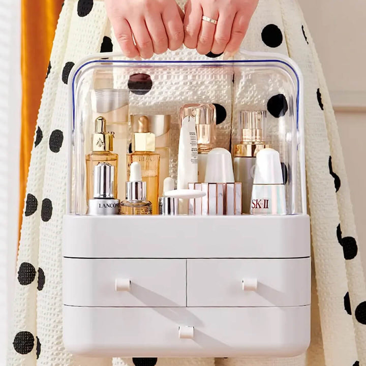 Elegant portable vanity box for makeup and skincare essentials, white