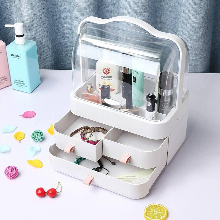 Compact and stylish cosmetic organizer for bathroom or dresser, white