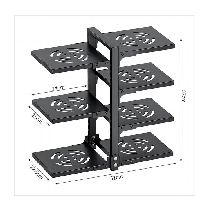 7-tier adjustable pan rack stand for cabinet storage, dimensions