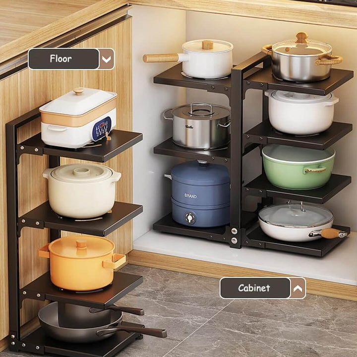 Space-saving under-sink pot and pan holder