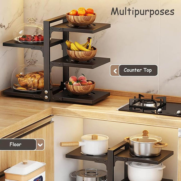 Counter and under-sink multipurpose kitchen organizer shelf