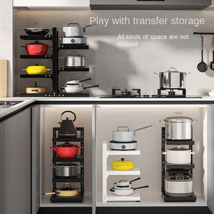 Top counter and cabinet adjustable pot organizer shelf