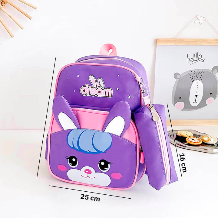 Purple Rabbit school backpack for KG1 to KG3, dimensions