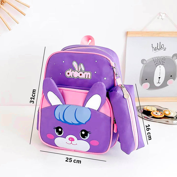 Purple Rabbit school backpack for KG1 to KG3, dimensions