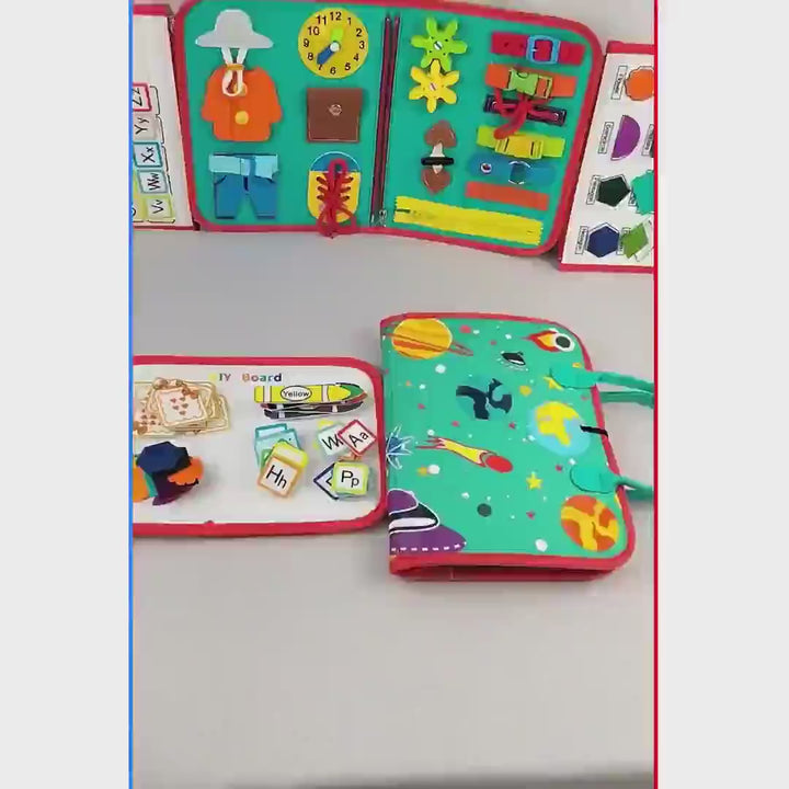 Video of a travel activities busy board with soace theme