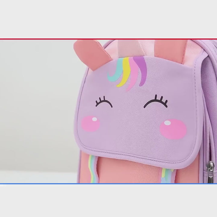 Video of a unicorn backpack for girls age 3 to 6 years, dup colors in purple and pink