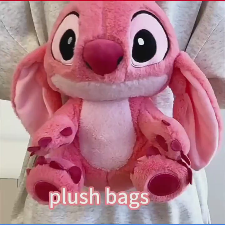 Stitch plush shoulder bag in pink and blue, showcasing its features and design.