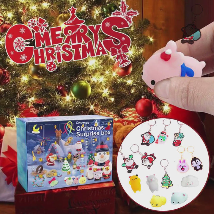 video of christmas calendar countdown with keychains and squishy toys