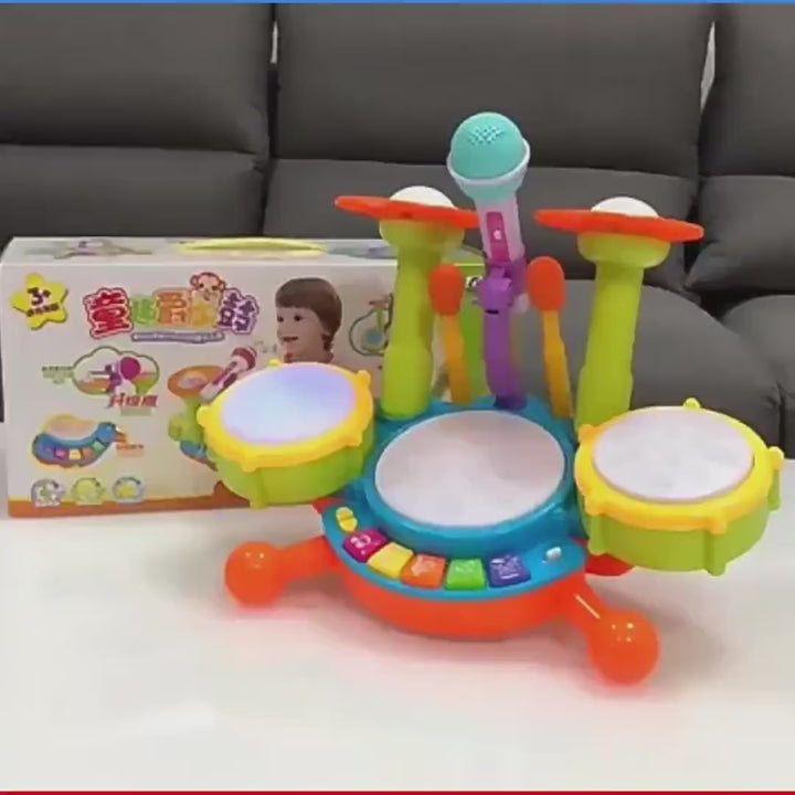 Video of the drum set for toddlers with lights, sounds, and a microphone.