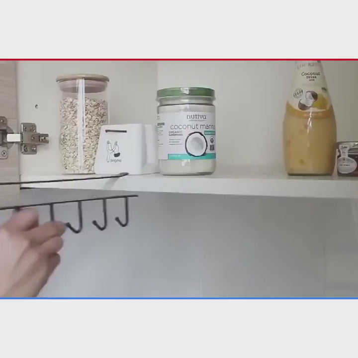 video of under-shelf hooks for cups and accessories organizer