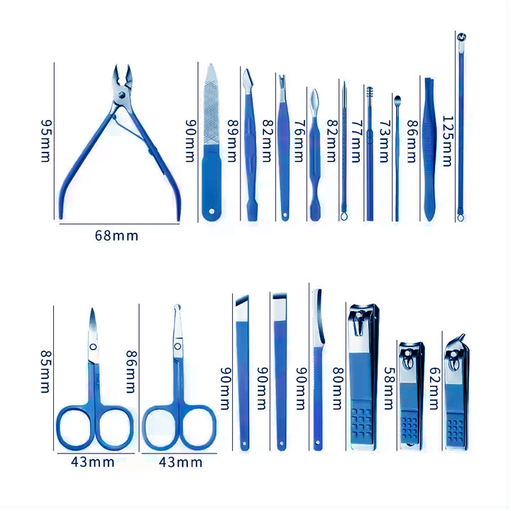 Set of blue nail care tools with measurements 