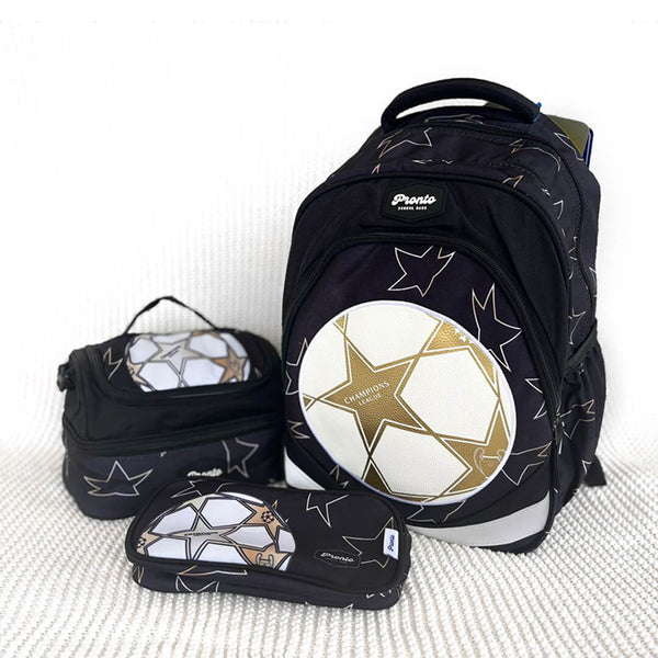 Football-themed kids backpack with lunch bag and pencil case