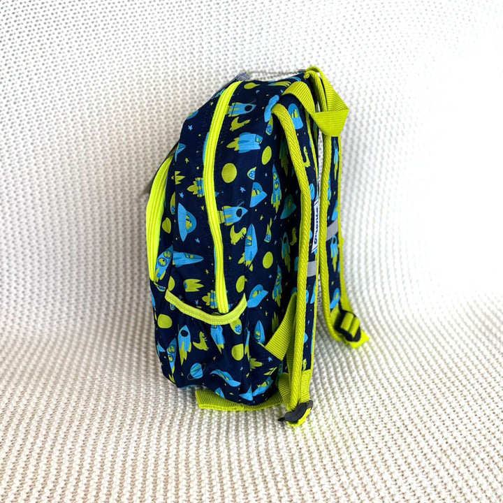 Durable preschool backpack with space print, side angle